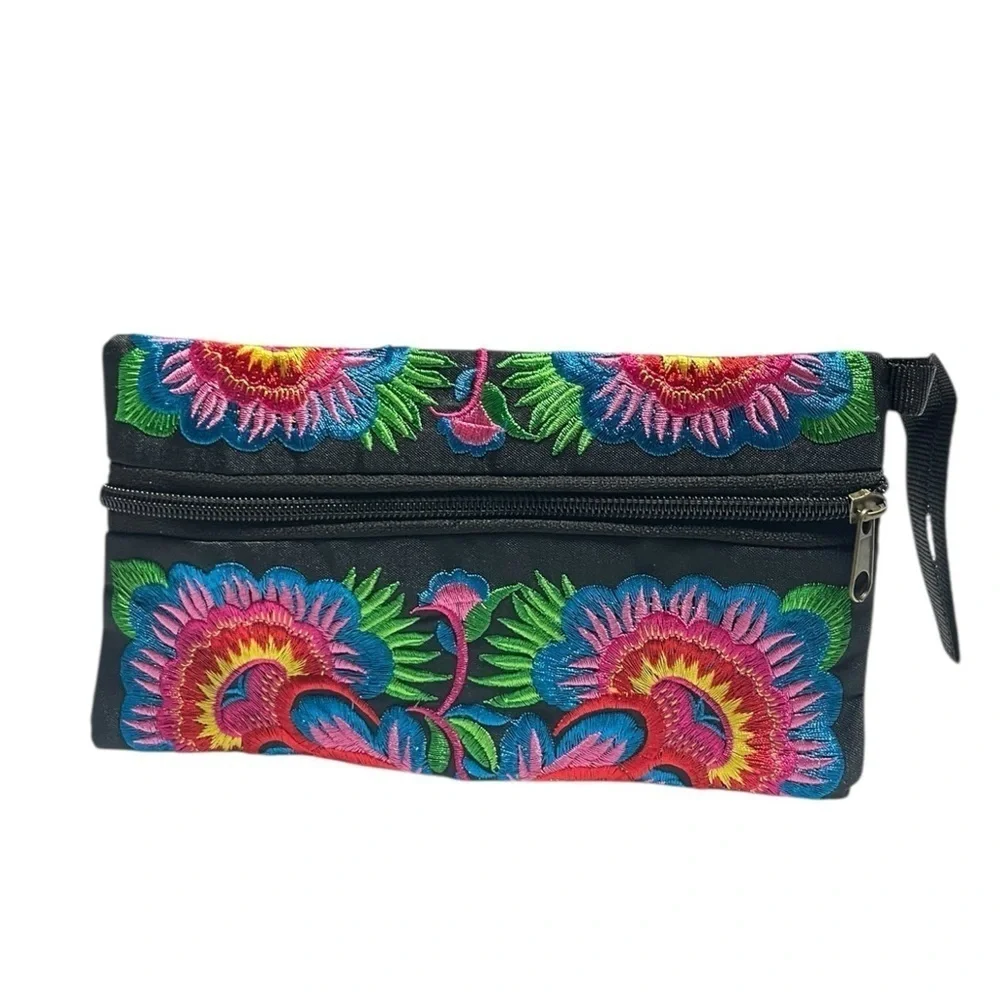 Sabai Jai Floral Embroidered Boho Clutch - Handmade Ethnic Flower Wristlet Purse